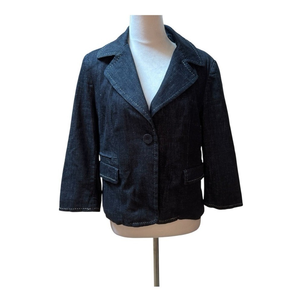 Talbots Womens Dark‎ Wash Denim Blazer Jacket 12 Button Front White Stitching